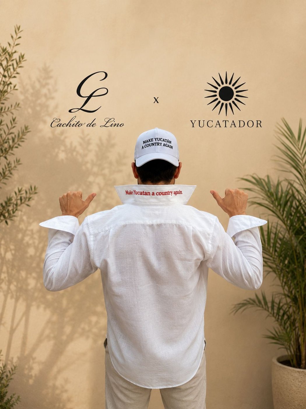 Edición limitada Cachito de Lino × Yucatador — camisa blanca con cuello bordado 'Make Yucatan a country again'